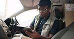 Tablet, boxes and delivery man in van for logistics or freight, distribution or b2c information. Package, cargo and courier with digital technology for supply chain and order inventory in vehicle.