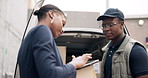 Business, delivery and woman with tablet by courier for ecommerce, distribution and signature. Dropshipping, b2b service and black people with package by van for product, exchange and digital receipt