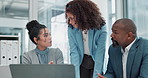 Office, business people and support in meeting with laptop for project, planning or brainstorming. Corporate, diversity and employee with discussion by tech for project management, report or solution