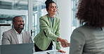 Meeting, interview and business people with handshake in office for onboarding, we are hiring or recruitment. Diversity, shaking hands and HR with candidate for opportunity, clapping or thank you