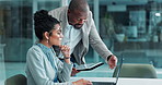 Business, meeting and employees with discussion, communication or planning in office. Mentor, man and woman with gesture for collaboration, workshop or teamwork for kpi goals, target or support