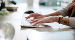 Business, hands and woman with computer in office for research, planning and email, faq and contact us communication. Keyboard, review and consultant online for website, search or social media scroll