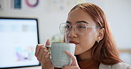 Office, thinking and woman with coffee break, pc and ideas with morning tea, routine and calm. Creative, fashion designer or agent with mug, espresso or cappuccino with thoughts, computer and peace