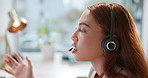 Business woman, call center and consulting with headphones for telemarketing, customer service or advice at office. Female person or consultant agent talking on mic for online assistance at workplace