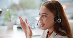 Business woman, call center and agent with headphones for telemarketing, customer service or advice at office. Female person or consultant talking on mic for online assistance or help at workplace