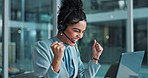 Business, headset and woman with celebration in office for customer support, consulting and success. Happy, CRM advisor and excited in communication for telemarketing, sales bonus or deal with client