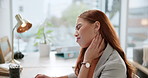 Frustrated woman, neck pain and injury with computer in stress, fatigue or burnout at office. Female person or employee with strain, pressure or sore muscle for debt, mistake or fibromyalgia by desk