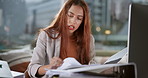 Woman, secretary and folder with stress for paperwork with reading, chaos and frustrated with admin at startup. Person, documents and file in modern office, confused and search for report in Mexico