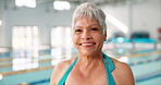 Pool, swimsuit and portrait of senior woman, smile and happy for learning in class of swimming and gym. Training, healthy and fitness for elderly person in retirement, joy and exercise with water