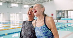 Pool, friends and laughing of senior people and happy for learning in class of swimming and gym. Training, healthy and fitness for old women in retirement, cardio and joy of exercise with water