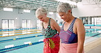 Pool, women and swimsuit for old people, talking and happy for learning in class of swimming and gym. Training, healthy and fitness for senior friends in retirement, cardio and joy of exercise


