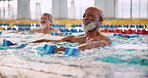 Dumbbell, fitness and man in swimming pool for training, health and strong muscle. Weight, water and aerobics class for exercise, physical therapy or rehabilitation of happy senior group in lesson