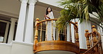 Bikini, relax and travel with woman on staircase landing of luxury hotel for accommodation or holiday. Hospitality, thinking and vacation with influencer person in lodge or resort for getaway