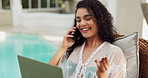 Phone call, laptop and relax with woman at hotel for accommodation or hospitality on holiday. Computer, mobile and smile with happy tourist outdoor at luxury lodge or resort for travel and vacation