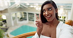 Woman, selfie and peace sign with hotel, smile and influencer for social media, relax and internet deal. Livestream, happy and profile picture for girl, portrait and retreat for content creator