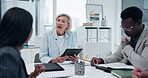 Business, people and discussion in office for strategy, performance review and project or policy update. Manager, conversation and team collaboration for feedback, sales report and meeting for growth