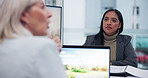 Meeting, human resources and business women in office for feedback of project with documents and technology. Discussion, review and corporate manager with female financial advisor in workplace.