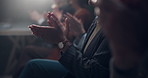 Applause, success and hands of business people at convention for achievement, announcement or promotion. Team building, men and women celebrate company growth in dark conference room with solidarity.