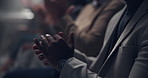 Applause, support and hands of business people at convention for achievement, announcement or promotion. Team building, men and women celebrate company growth in dark conference room with solidarity.
