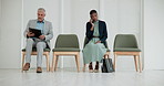 Business people, office and woman with phone call in waiting room for job interview, plan and information. Human Resources, recruitment and candidate with tech for employment, feedback and networking