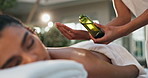 Spa, hands, and woman on bed with massage oil for relax, happiness or luxury treatment. Wellness, beauty therapist and female person lying for stress relief, muscle reflexology or holistic detox 