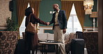 Business handshake, travel and people in hotel lobby for discussion, documents and welcome to company. Woman, businessman and hand gesture in foyer for greeting, brainstorming and negotiation