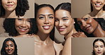 Beauty, collage and women faces with friends smile, wellness and  eco friendly makeup with facial. Portrait, studio and diversity of montage and split screen of dermatology, treatment and sequence