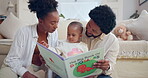 Parents, reading and book with baby in home for storytelling or fun and development for motor skills. Mom, dad and happy child in living room for weekend and together for support, love and growth