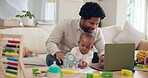 Dad, laptop and baby in living room, remote work and typing with childcare in lounge. Multitask, communication or sick babysitter, child and male person or email computer for startup business in home