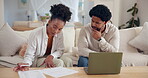 Laptop, paperwork and black couple in home for deal, contract and signature in living room for mortgage. Real estate or bank loan document for man or female person, investment and new house financing