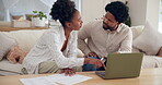 Laptop, paperwork and black couple in home for finance, contract and signature in living room for mortgage. Real estate or bank loan document for man or female person, investment and new house