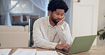 Laptop, tired and black man in home office, remote work and fatigue and unhappy. Overworked, burnout and bored male person for financial advisor, startup company and email on computer with exhaustion