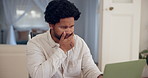 Black man, laptop and internet for remote work or thinking in home, anxiety for startup company with code. Male web developer, living room and stress with computer for plan or app, digital or reading