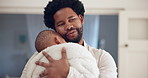 Hug, love and black father with baby in home for comfort, sleeping and bonding together. Care, family and African dad holding toddler child for embracing with connection or protection at house.