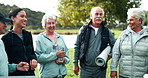 Happy group, fitness and senior people with trainer talking of health, wellness and workout progress in park. Excited elderly clients or friends dance, celebrate and team energy for pilates or yoga