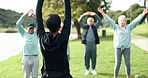 Fitness, class and senior people in park with personal trainer for health, wellness and outdoor mobility training. Physio, woman and group of old friends on grass for workout, stretching and progress