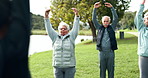 Fitness, class and elderly people in park with personal trainer for health, wellness or outdoor mobility training. Physio, woman and group of old friends on grass for workout, stretching and progress