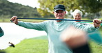 Fitness, band and elderly people in park with personal trainer for health, wellness or resistance training. Physio, muscle and group of senior friends on grass for workout, stretching and mobility