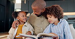 Black family, child and happy reading story book, cartoon comic and bonding with father, daughter and son at home. Love, storytelling and kids listen for fairytale, education or learning in house