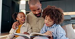 Black family, children and happy reading story book, cartoon comic and bonding with father, daughter and son at home. Love, storytelling and kids listen for fairytale, education or learning in house