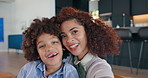 Happy mother, son and hug with love for selfie, photography or picture together at home. Portrait of mom, child or young little boy with smile for memory, embrace or bonding on weekend at house