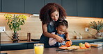 Kitchen counter, mother and child with vegetables for cutting, chop and preparation for breakfast. Home, mom and girl with motor skills, development and helping parent with healthy food in house