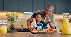 Kitchen counter, father and child with high five for vegetables, chop and preparation for breakfast. Home, dad and girl with skills development, learning and helping parent with healthy food in house