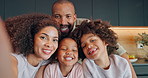 Selfie, portrait of happy family or smile in home for social media, memory or profile picture in living room. Parents, kids or photography with technology for bonding, relationship or love on weekend