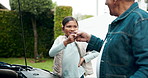 Fist bump, smile and kid with grandfather together for bonding, hug and learning to fix car. Greeting, grandpa and happy girl with hand gesture for support, success or celebrate at garden in embrace