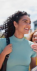 Walking, happy and girl or student in outdoor with friends on campus for learning, academic scholarship and education. Female learner, backpack and college for knowledge, opportunity and development.