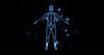 Body scan, graphic and hologram of xray, medical and healthy research for MRI study. Black background, hospital and clinic sign with futuristic and innovative support of digital scanner with anatomy