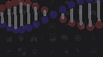 Structure, cartoon and spiral of dna on black background for genetic information storage and graphic icon for illustration. Double helix, science and strand for code, transmission and chromosomes.