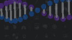 Science, cartoon and spiral of dna on black background for genetic information storage and graphic icon for illustration. Double helix, structure and strand for code, transmission and chromosomes.