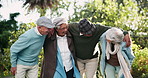 Hug, park and elderly people laughing in retirement as friends or community with smile, memory and reunion. Wellness, bonding and support in outdoor of nursing village with diversity, health or unity